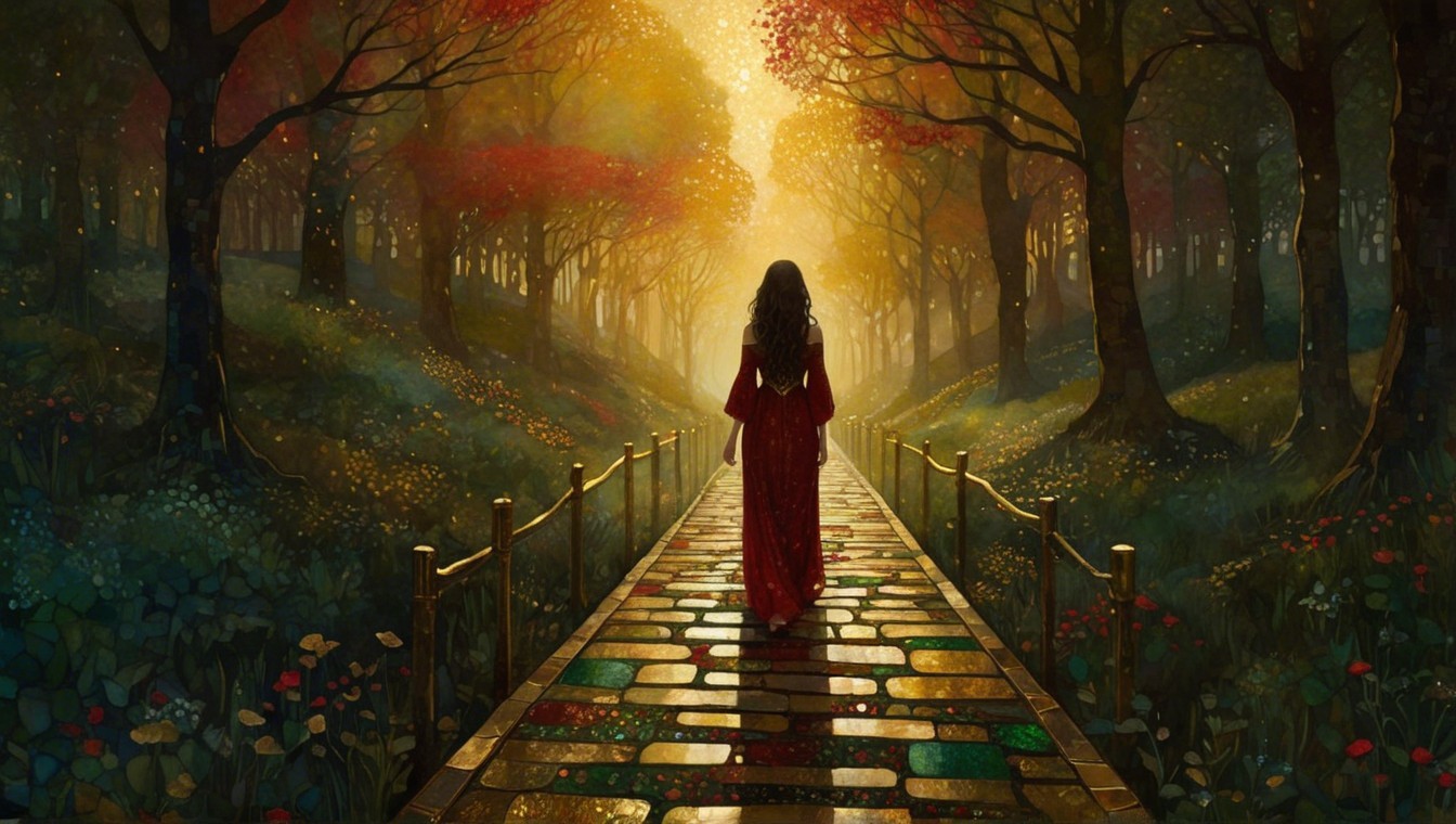 Serene forest scene with woman in red dress