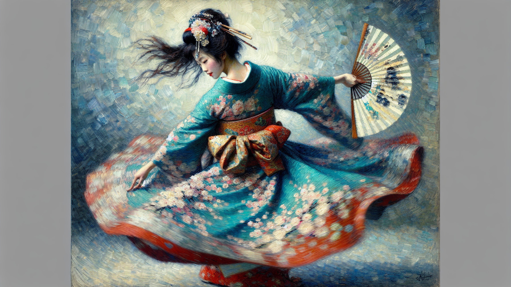 Detailed painting of a woman in a colorful kimono