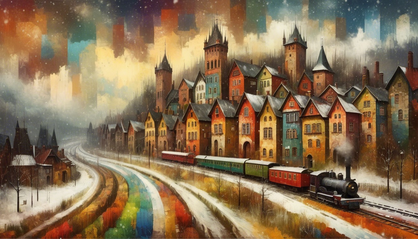 Whimsical Train in Snowy Medieval Landscape