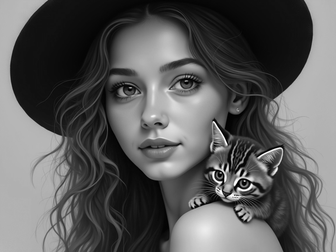 Black and White Portrait of a Woman with Kitten