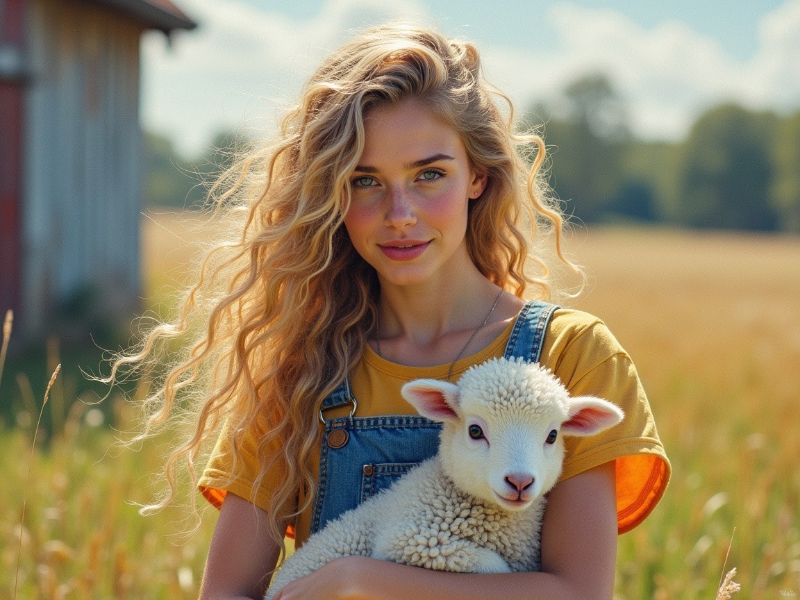 Young Woman in Field with Lamb and Rustic Barn