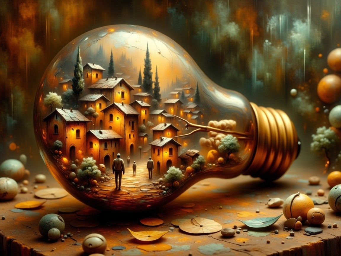 Surreal Village Inside a Light Bulb with Glowing Homes