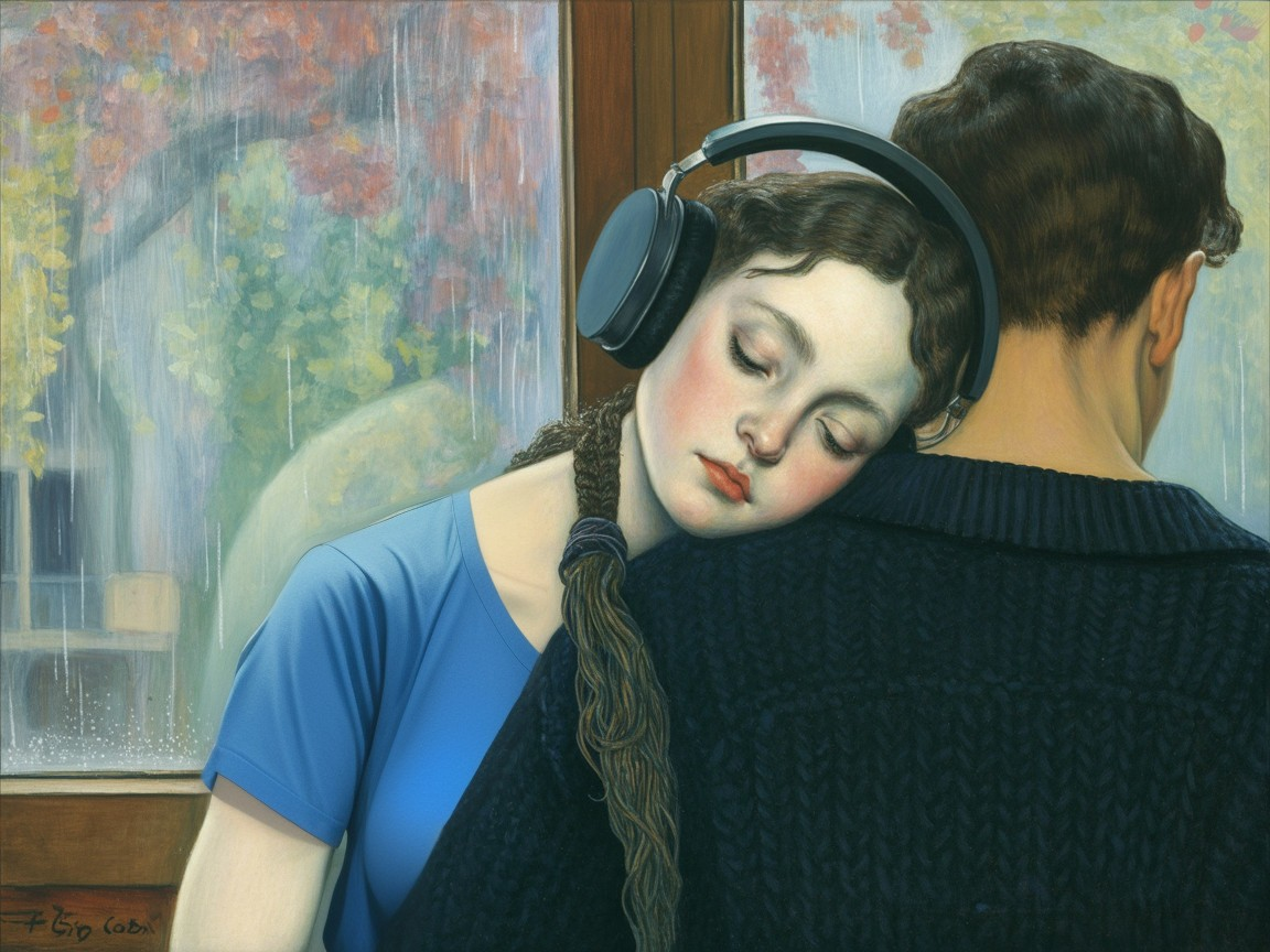 Cozy Autumn Scene of Young Couple with Headphones