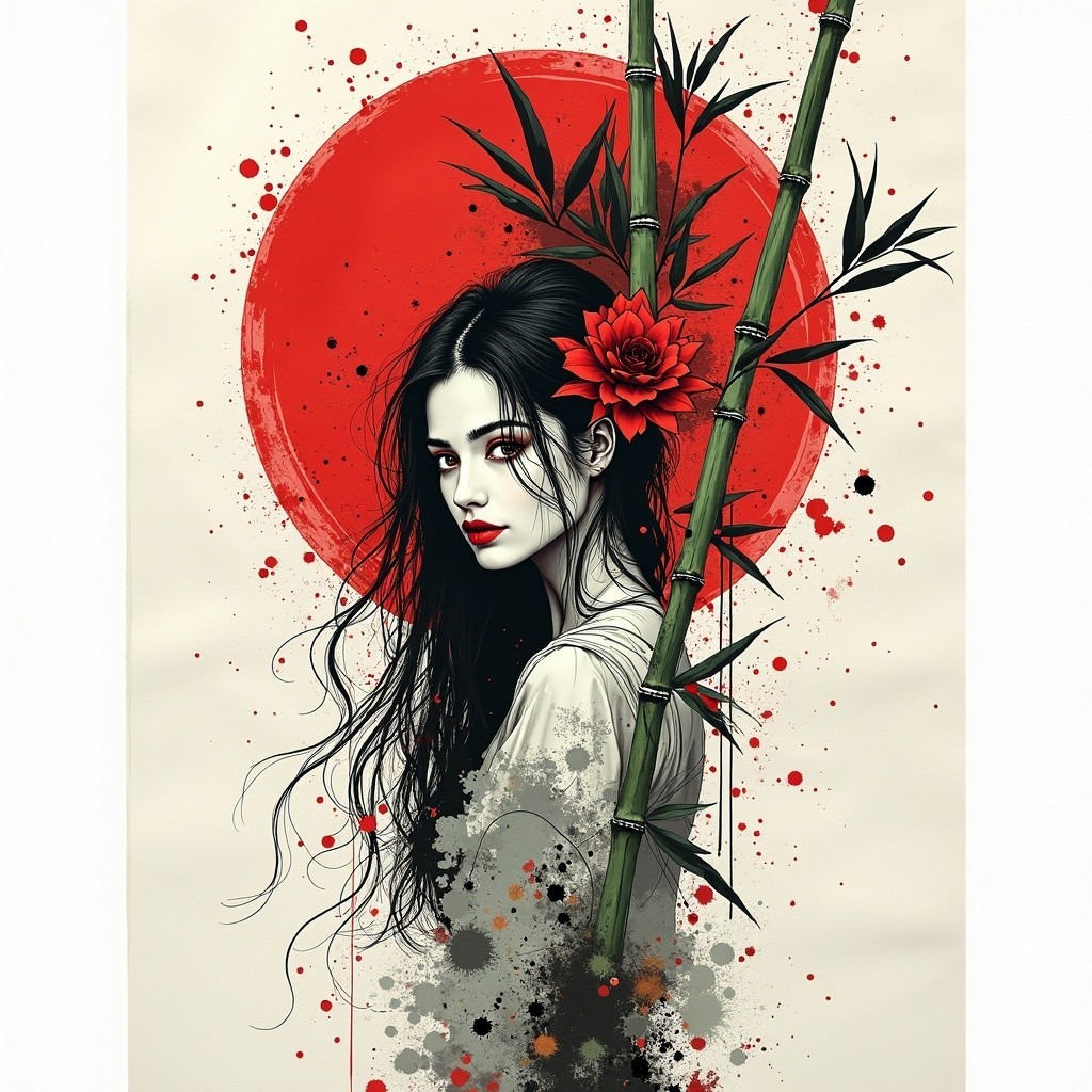 Portrait of a Woman with Dark Hair and Red Flower