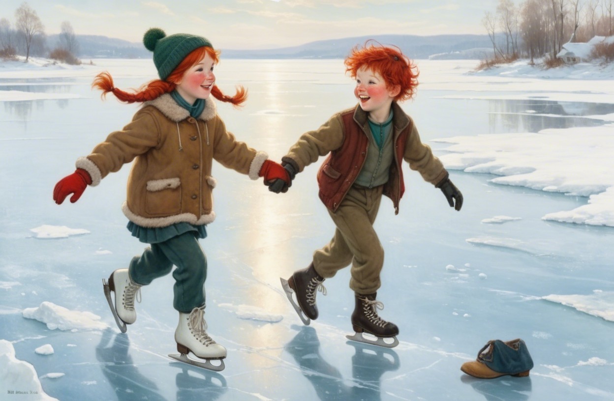 Children Ice Skating on a Frozen Lake in Winter