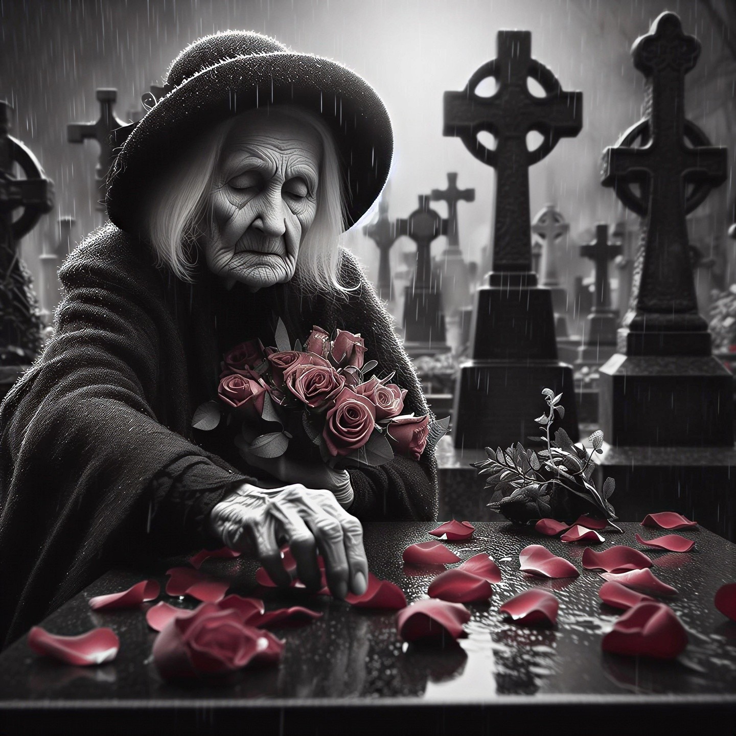 Elderly Woman Mourning at Grave in Rainy Graveyard