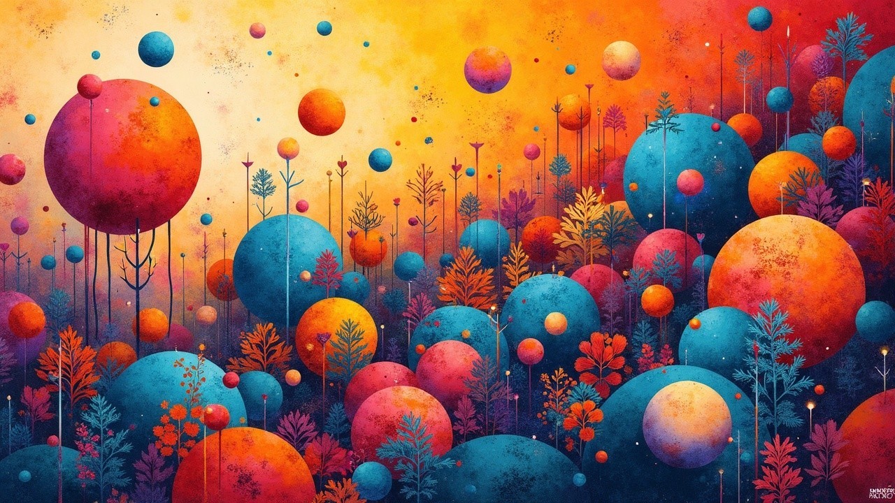 Abstract Landscape with Colorful Spheres and Foliage