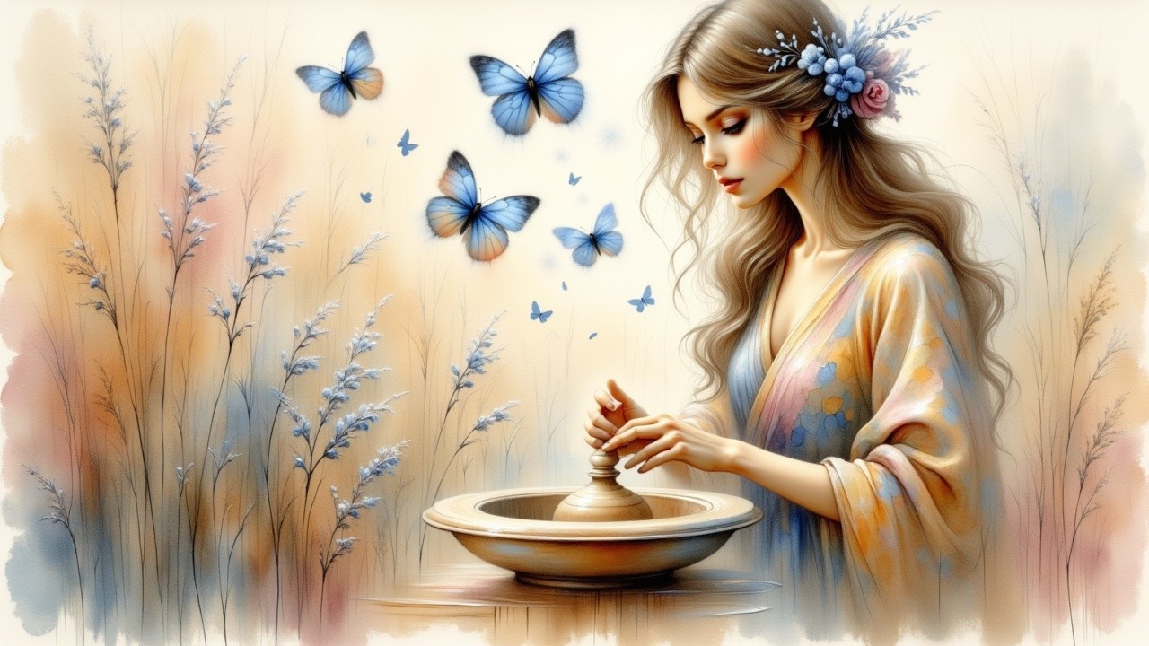 Serene Young Woman Shaping Pottery with Butterflies