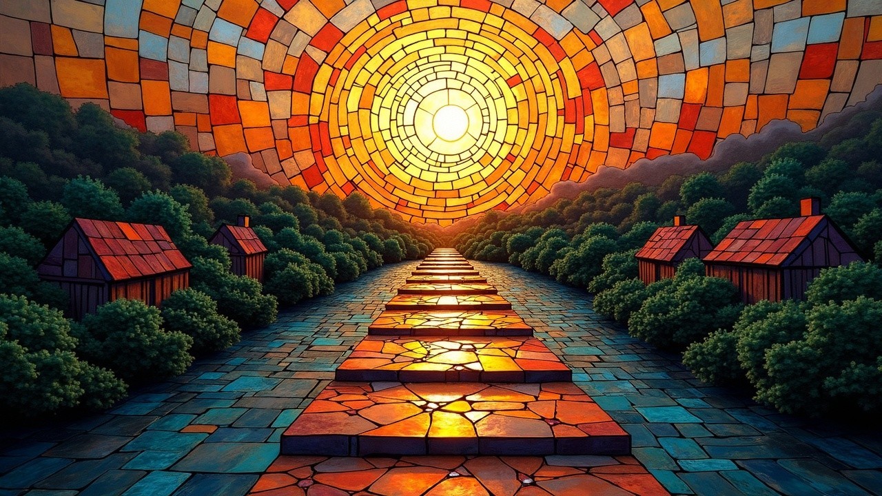 Vibrant Landscape with Colorful Pathway and Sun
