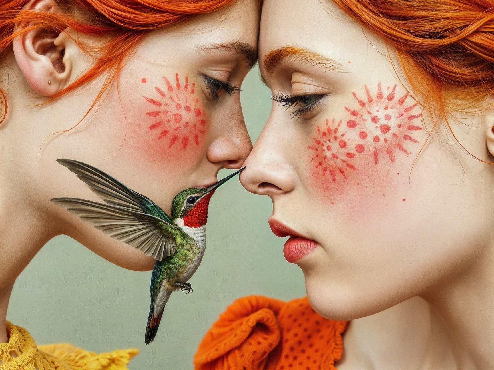 Young Women with Red Hair and Hummingbird Interaction