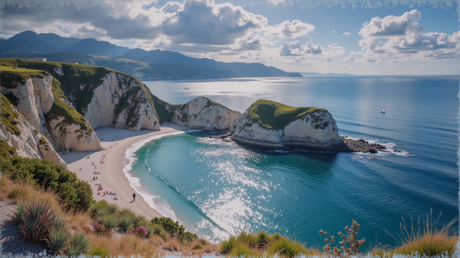 Coastal Landscape with Cliffs, Beach, and Sailboat
