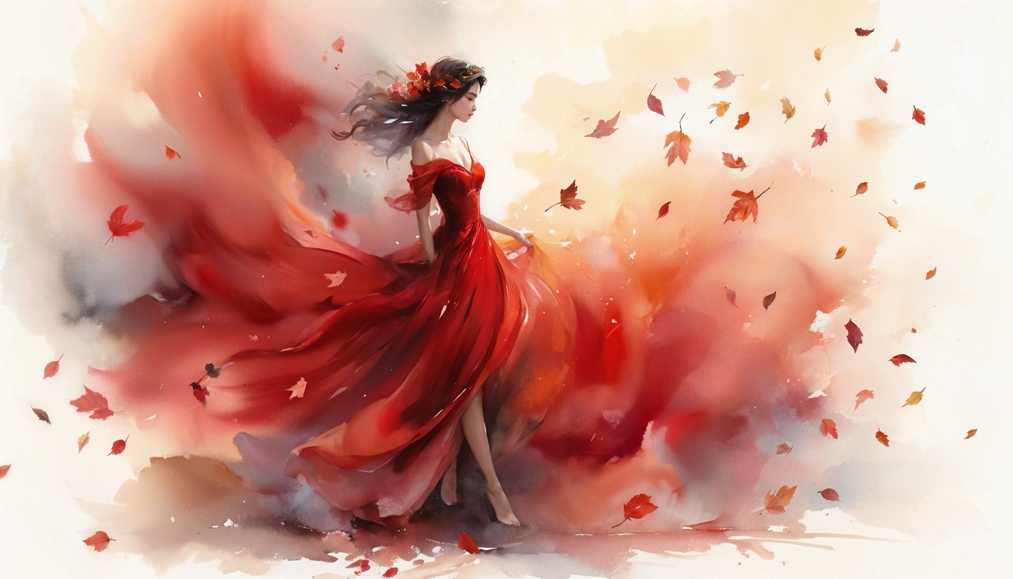 Graceful Figure in Red Dress Among Autumn Leaves