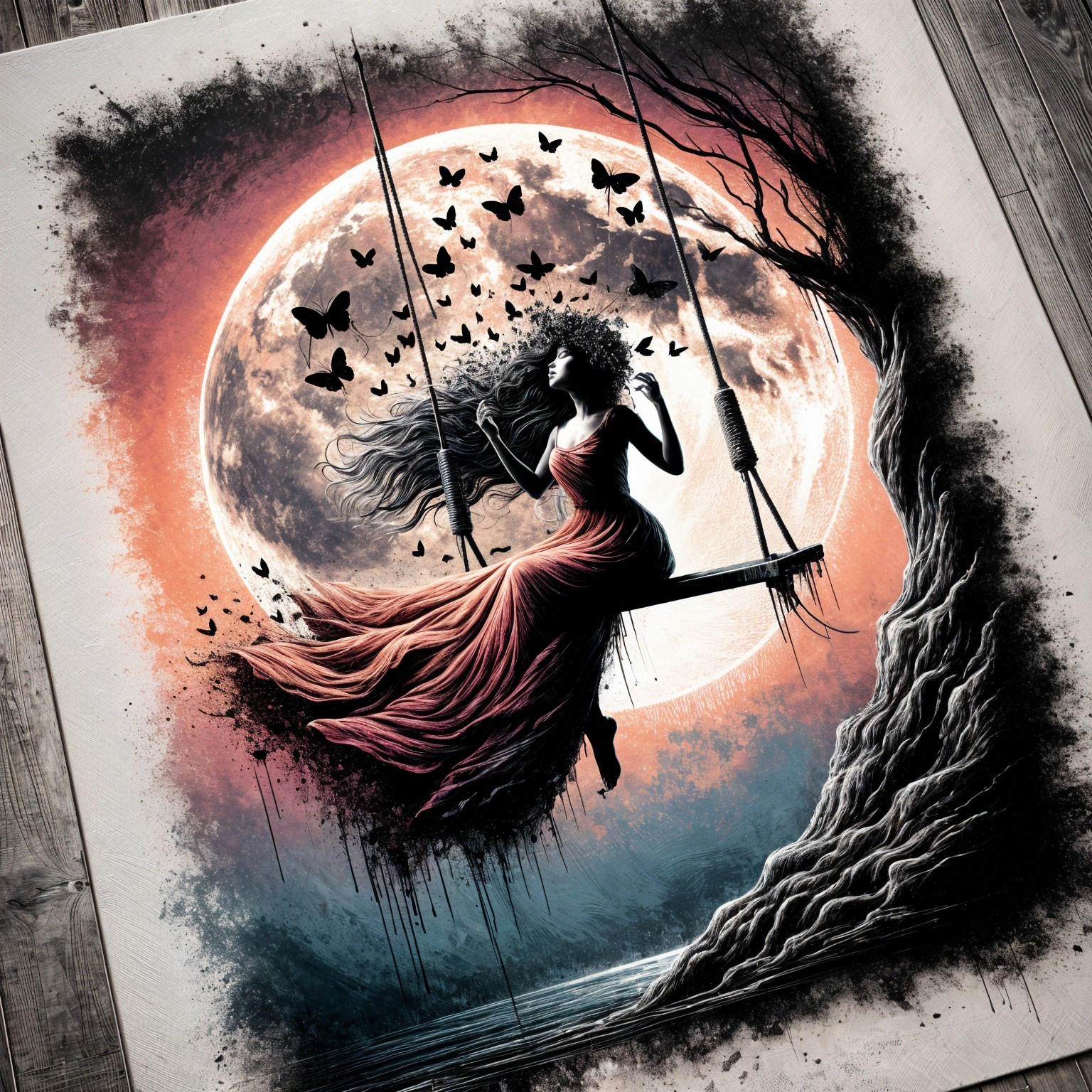 Woman in red dress with moon and butterflies scene