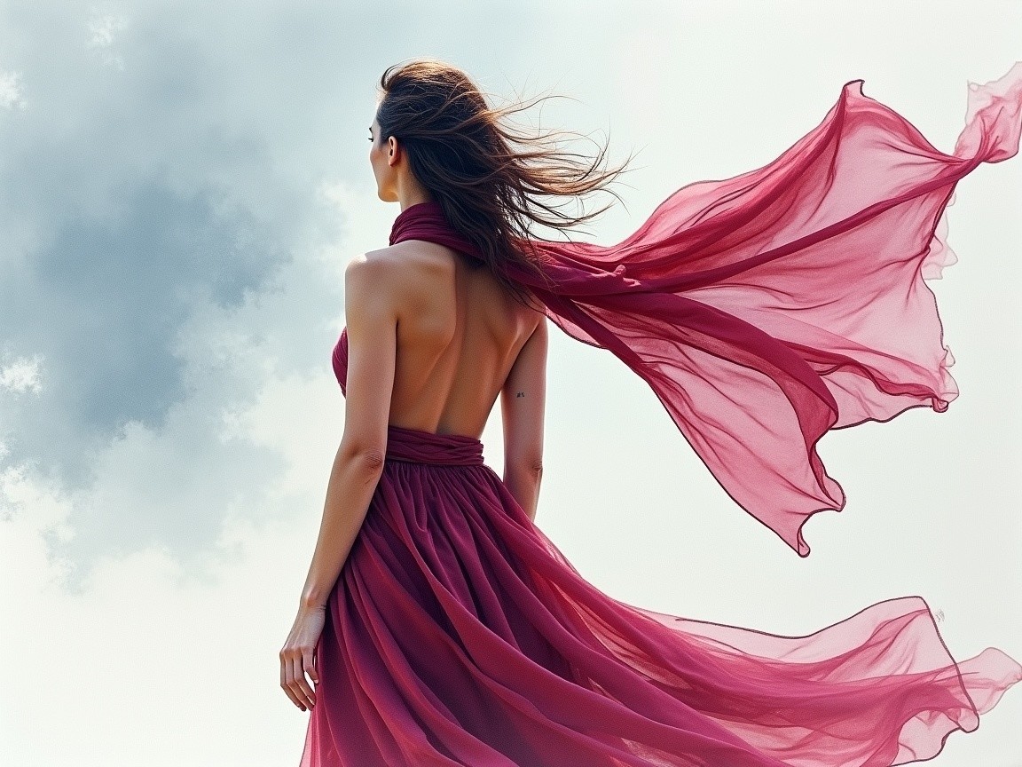 Woman in Burgundy Gown Against Serene Sky