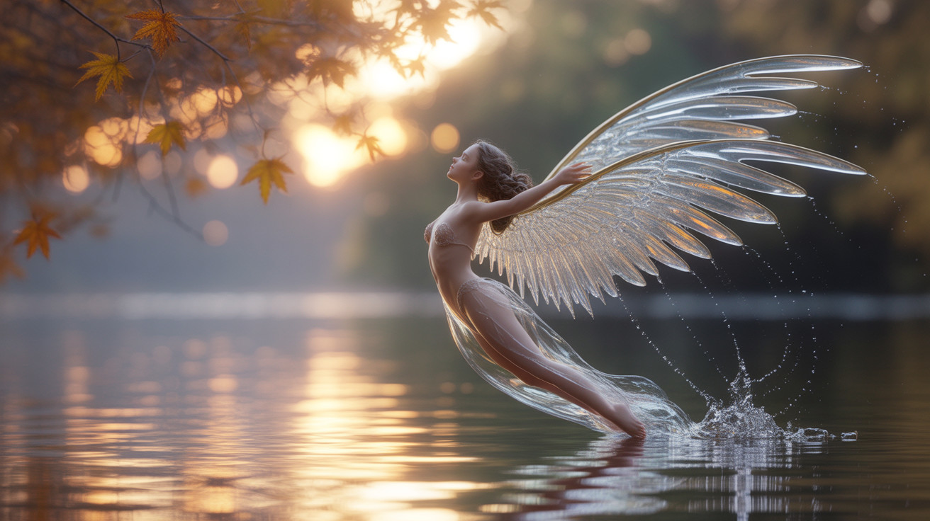 Ethereal figure with wings in tranquil lake at sunset