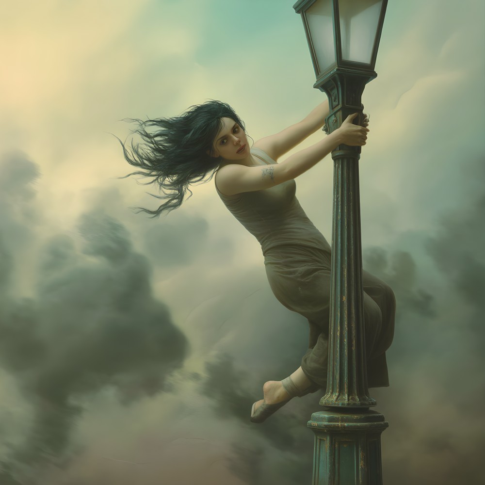 Mystical Scene of Woman Climbing Vintage Lamppost