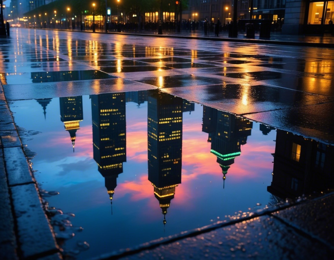 Urban Reflection of Buildings in Rainy Sunset Scene