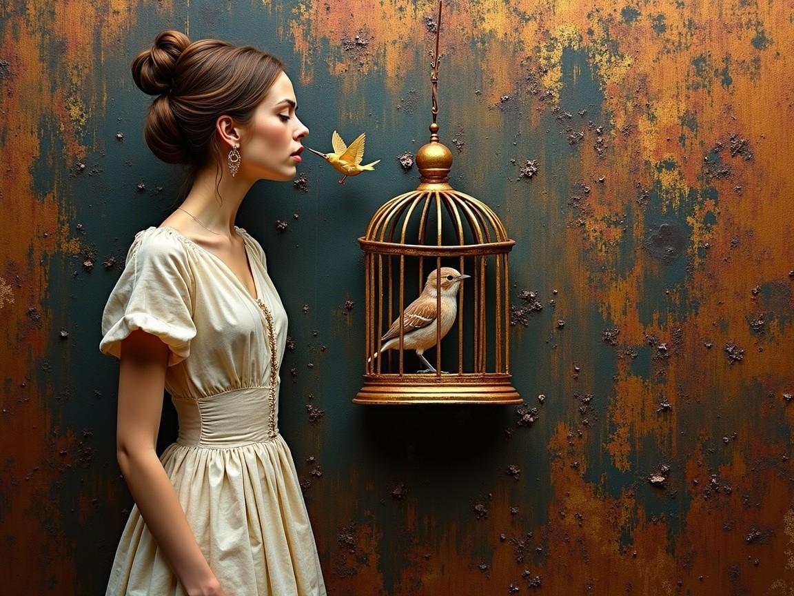 Young woman in golden dress by vintage birdcage