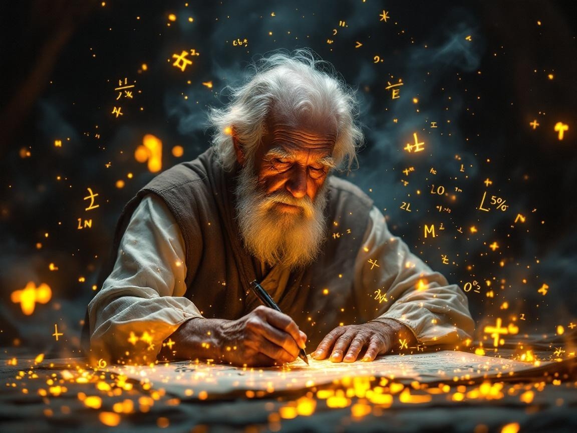 Elderly Man Writing Surrounded by Magical Symbols