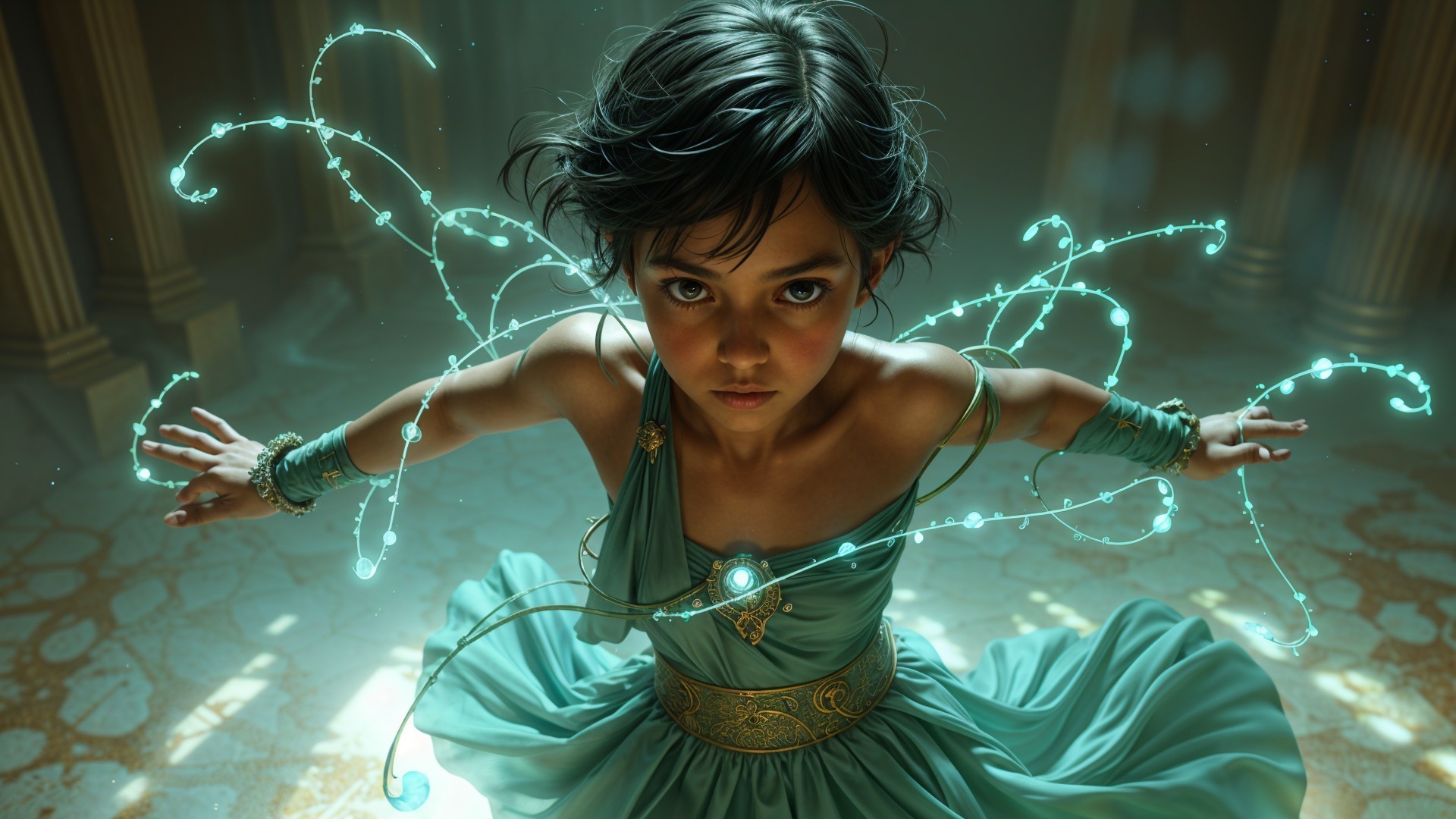 Young girl in teal dress amidst glowing orbs and light