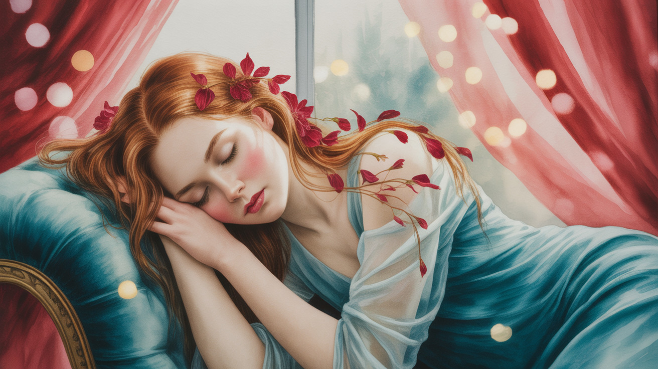 Young woman with red hair resting on teal sofa