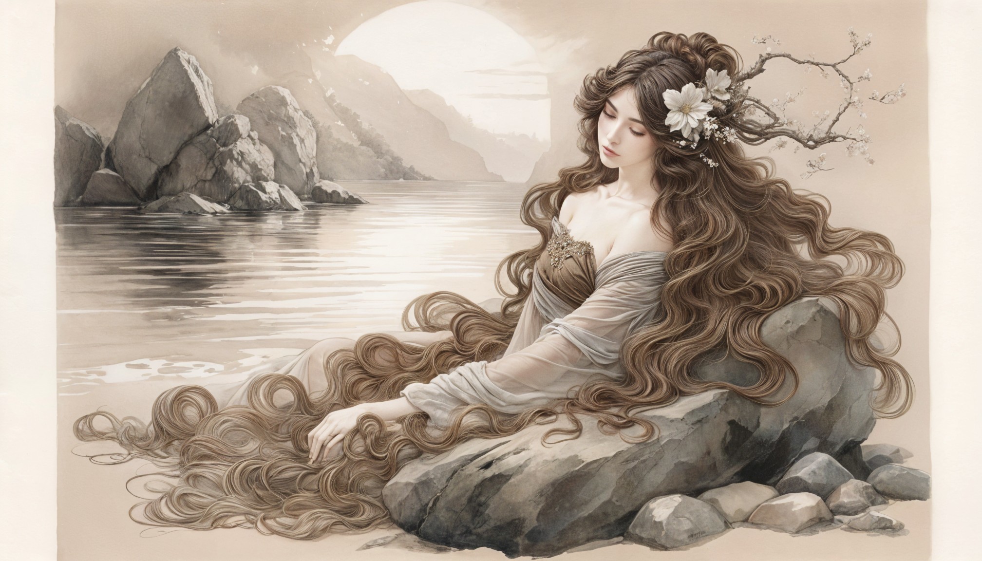 Serene Woman by Tranquil Waterway with Flowers