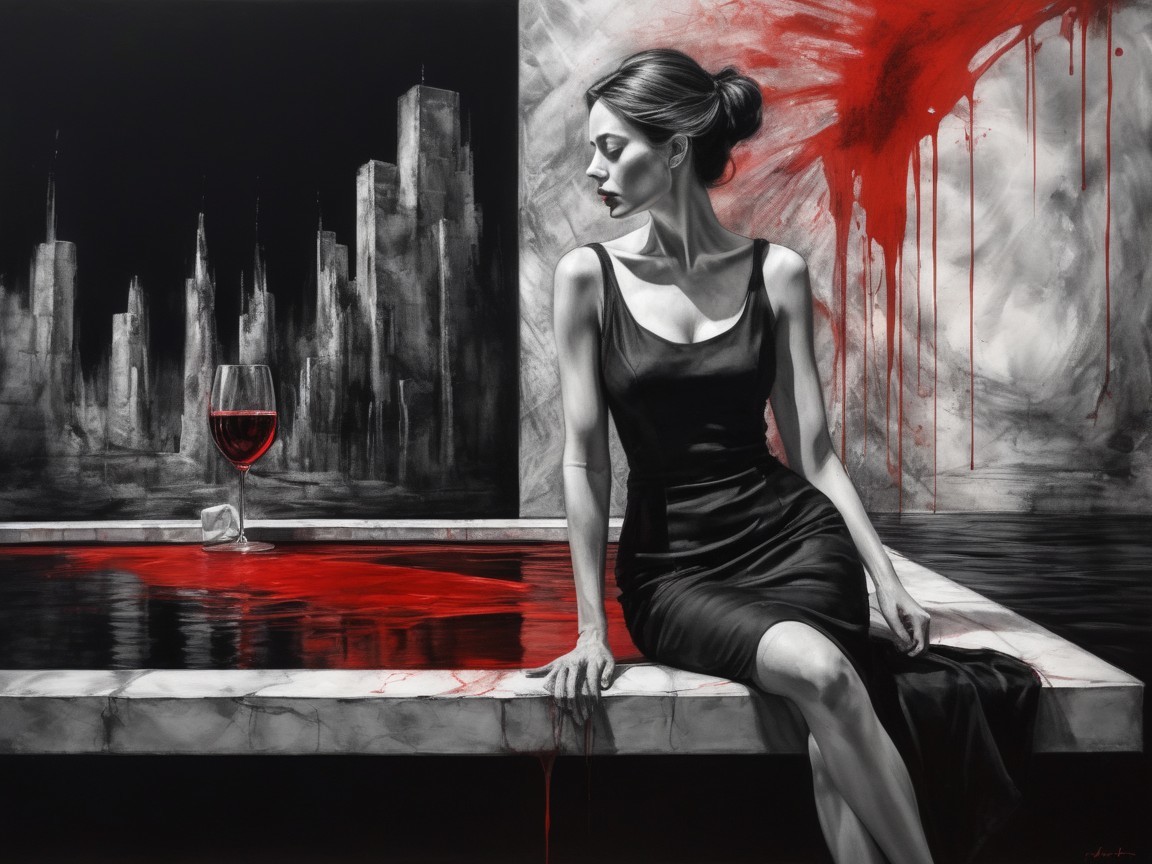 Monochrome Artwork of Woman by Blood-Red Pool