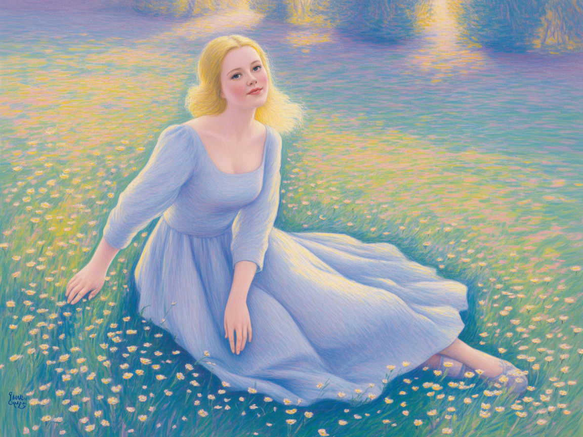 Young woman in blue dress on flower meadow