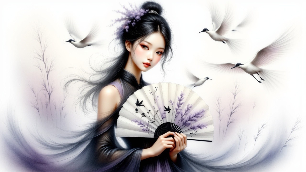 Serene Woman in Traditional Attire with Lavender Fan