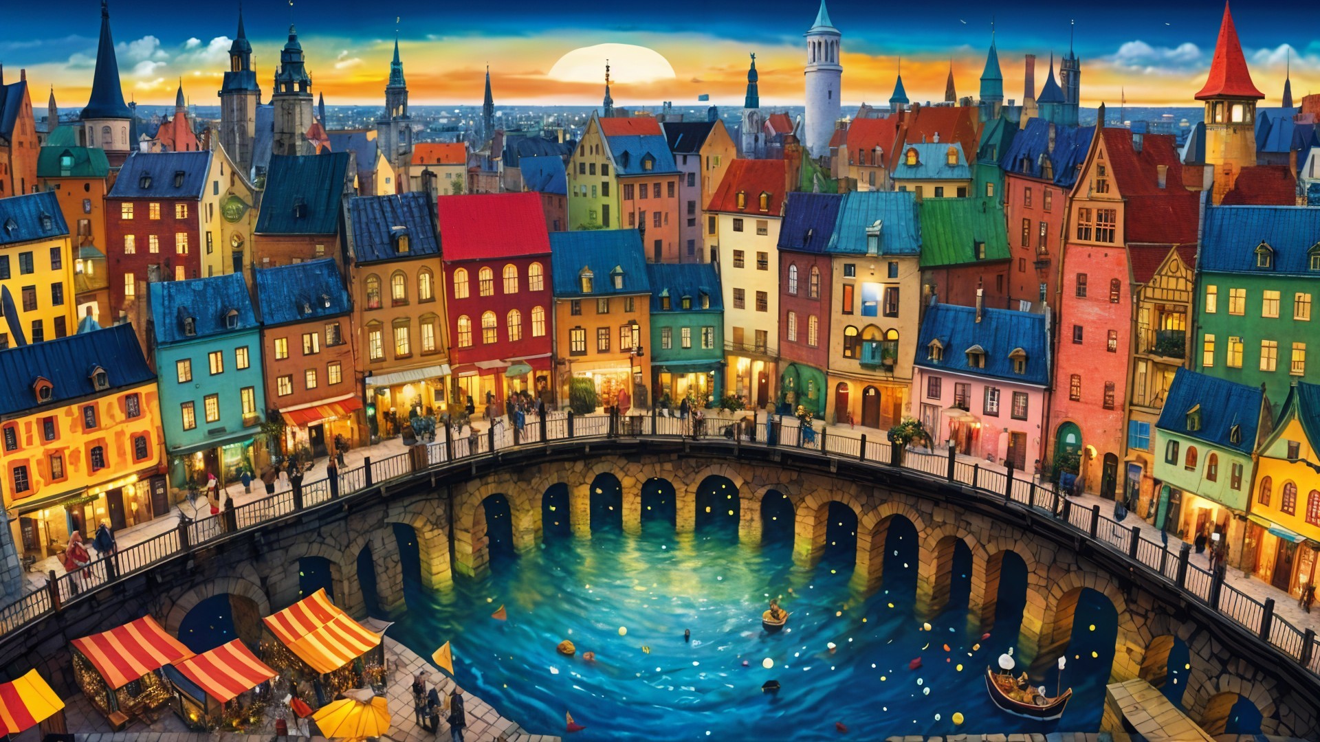 Vibrant Waterfront Village with Colorful Buildings