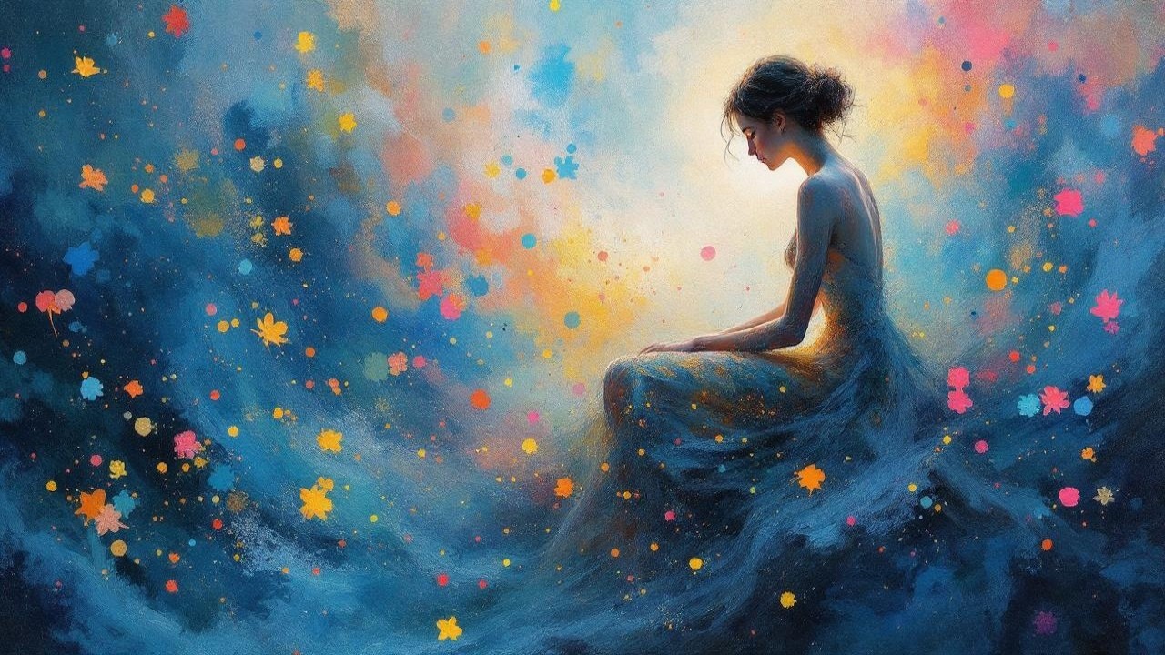 Serene Figure in Vibrant Colors and Soft Textures