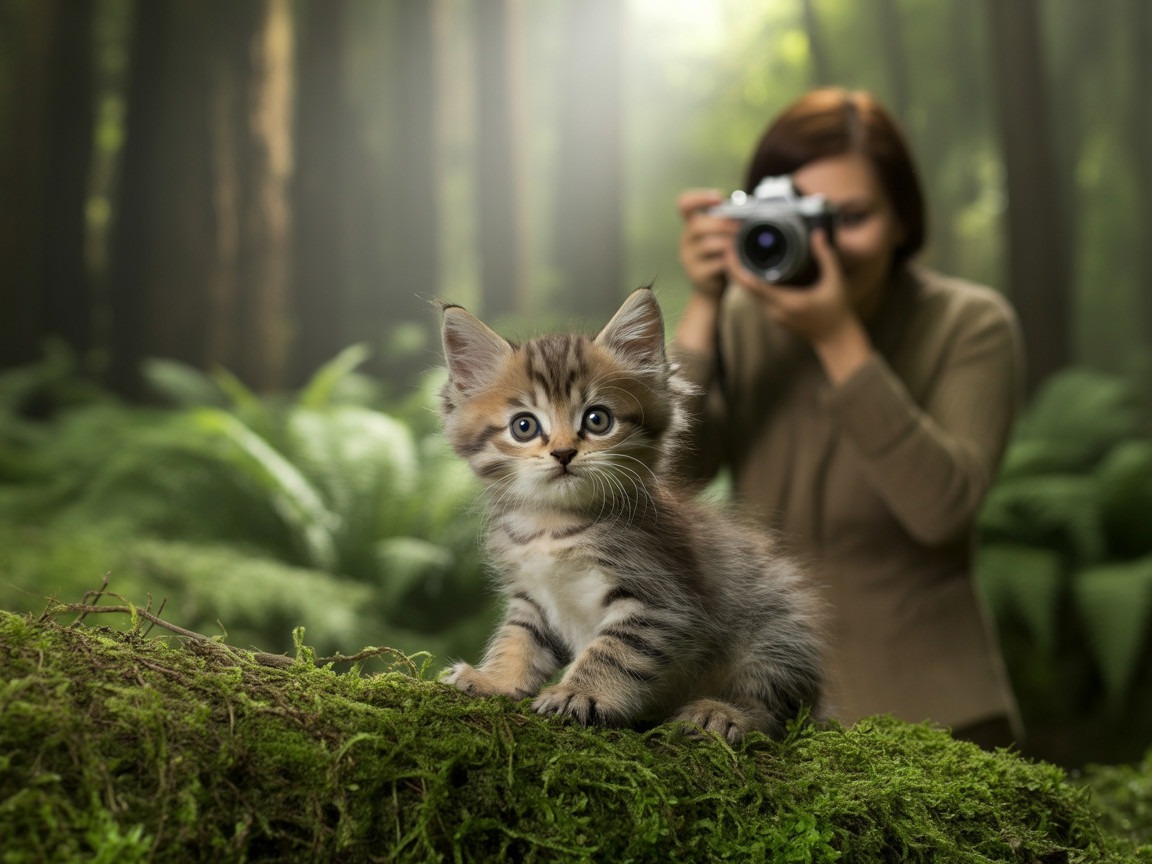 Kitten on Mossy Log in Serene Forest Setting