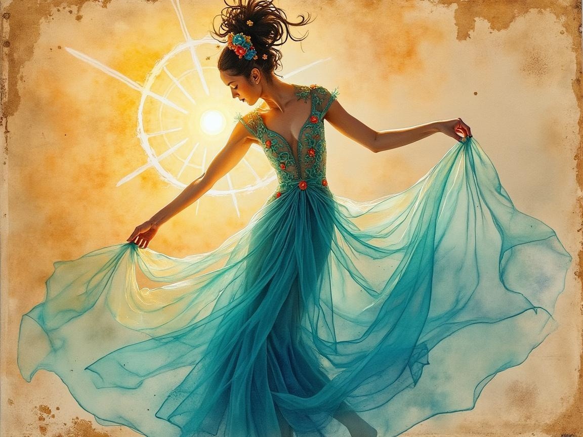 Graceful Woman in Teal Gown Dancing in Sunlit Beauty