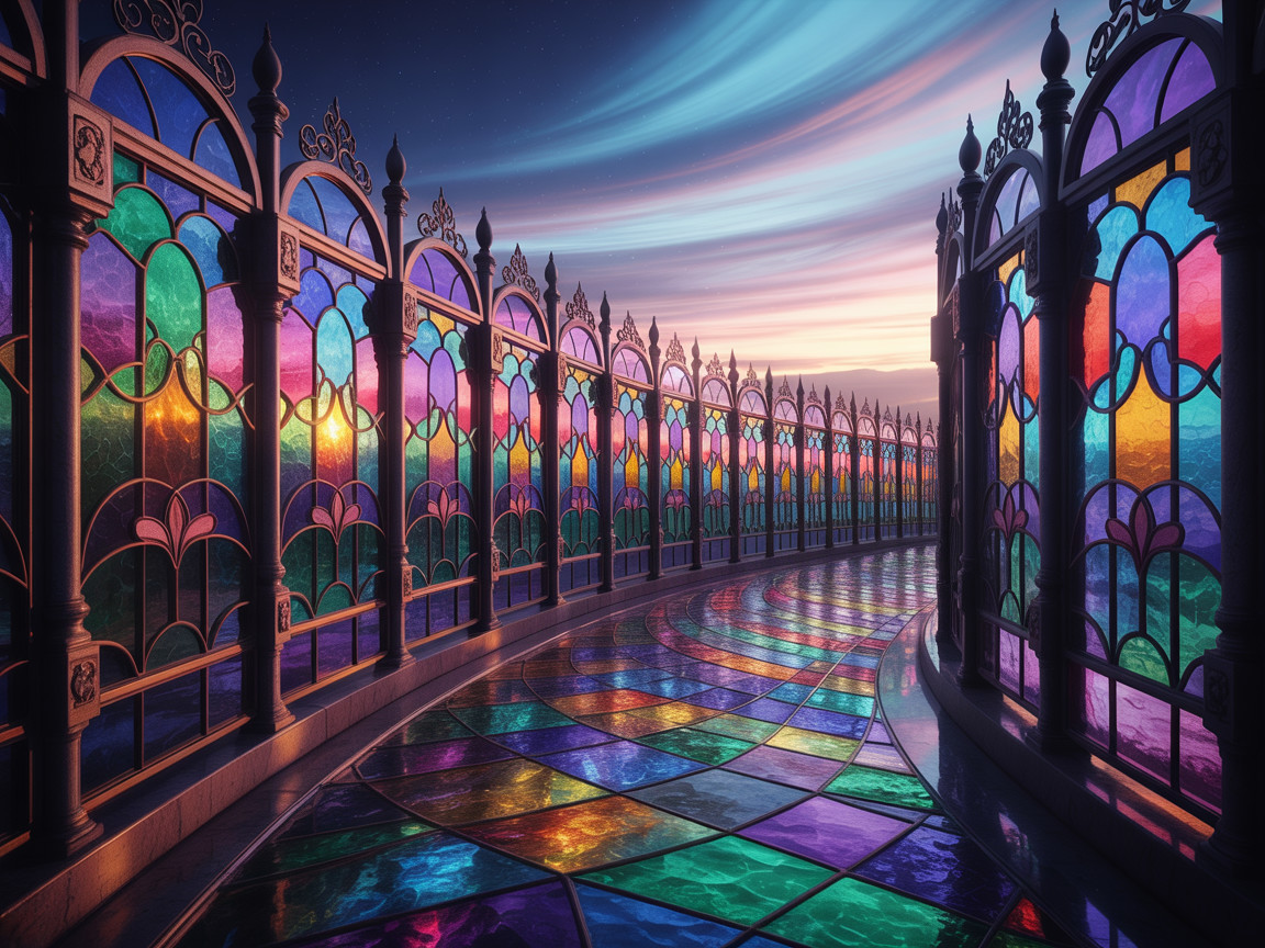 Intricate Stained Glass Corridor with Colorful Reflections
