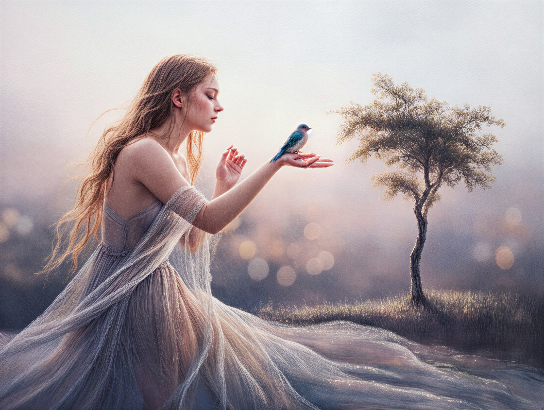 Young Woman with Bird in Dreamlike Landscape