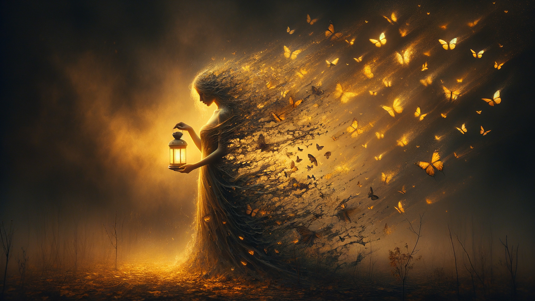 Mystical Figure with Lantern and Golden Butterflies