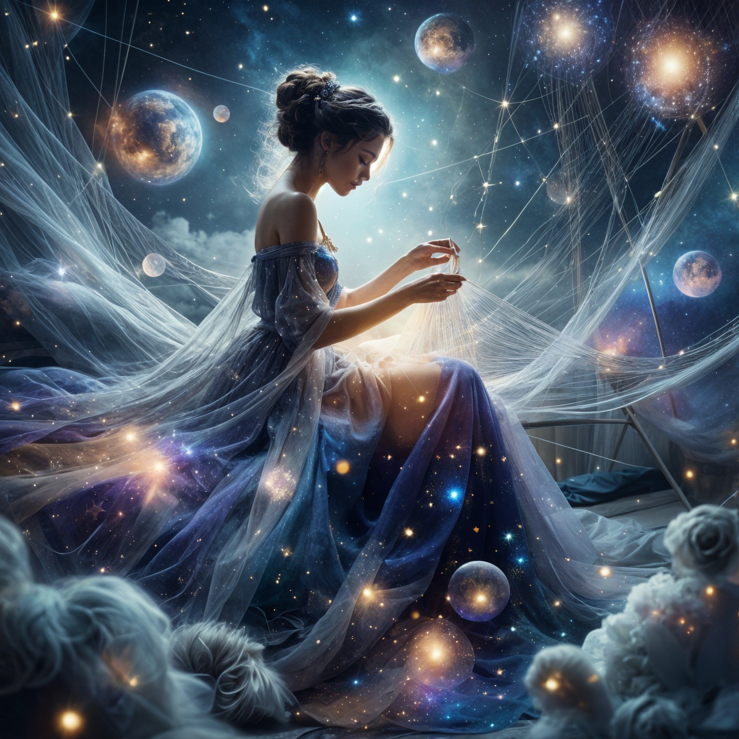 Ethereal Figure in Cosmic Gown Surrounded by Galaxies
