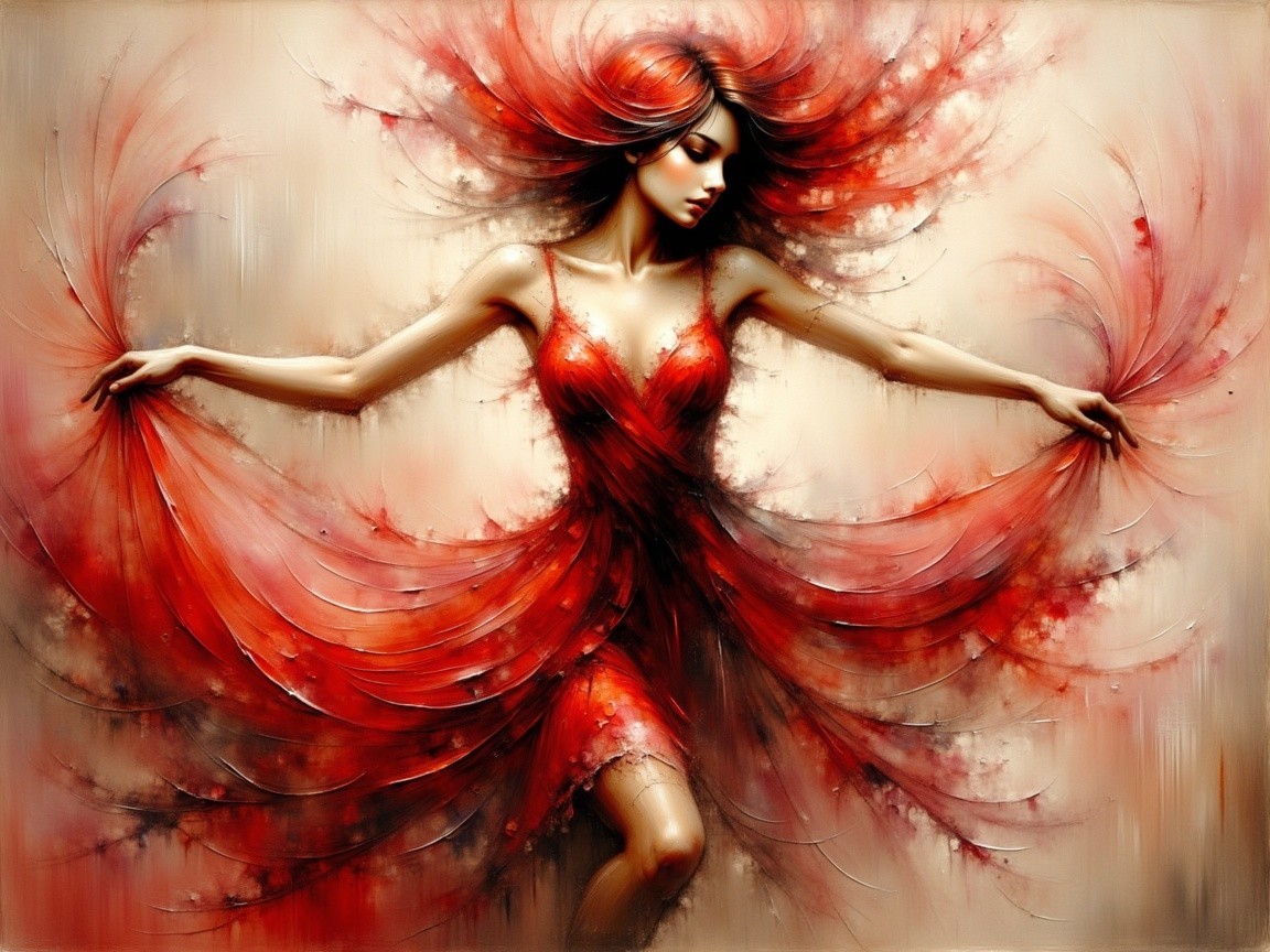 Elegant Woman in Flowing Red Dress with Warm Hues