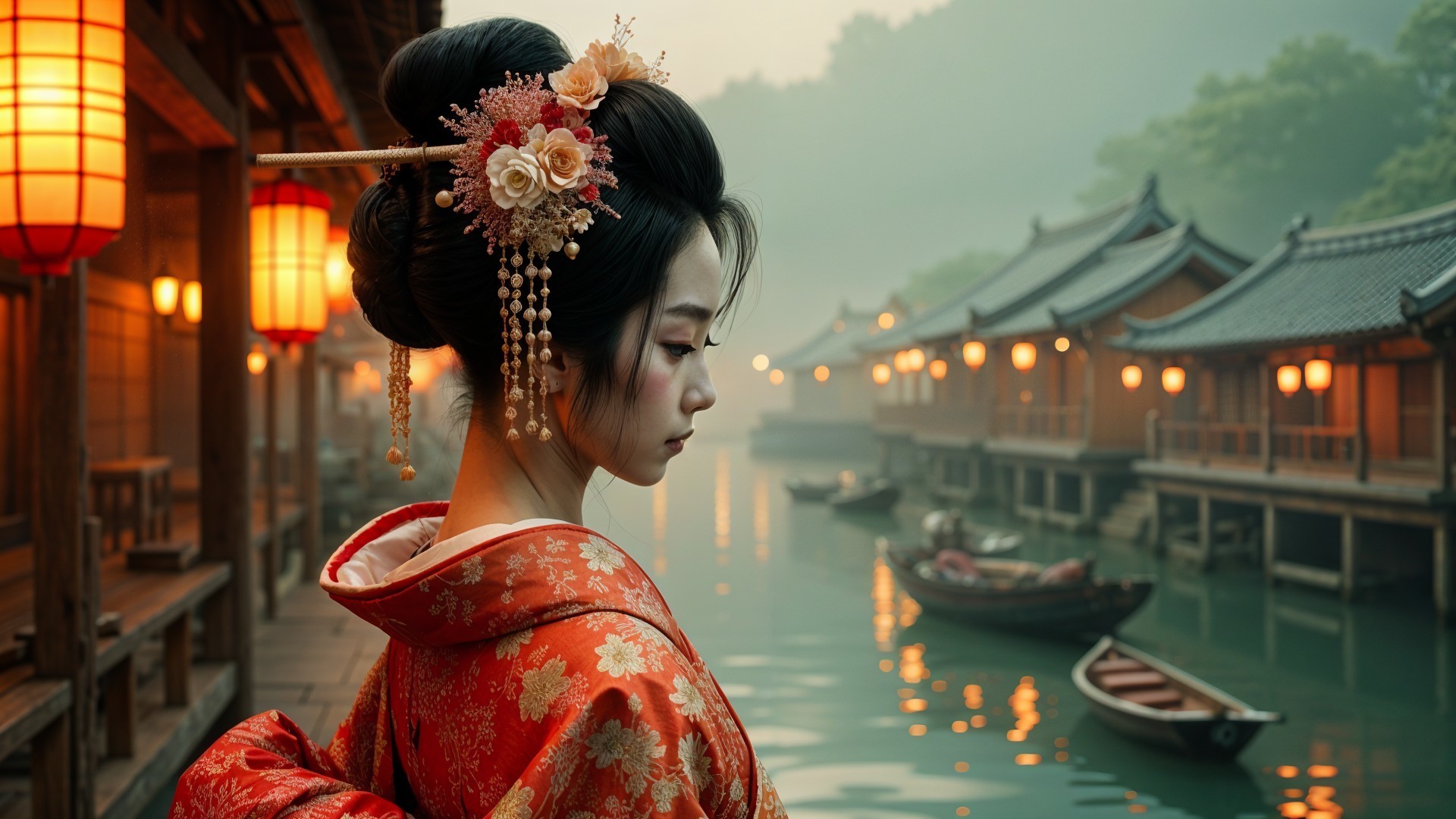 Serene Woman in Kimono by Misty River with Lanterns
