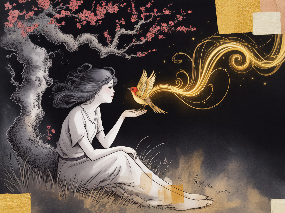 Young woman under tree with pink blossoms and bird