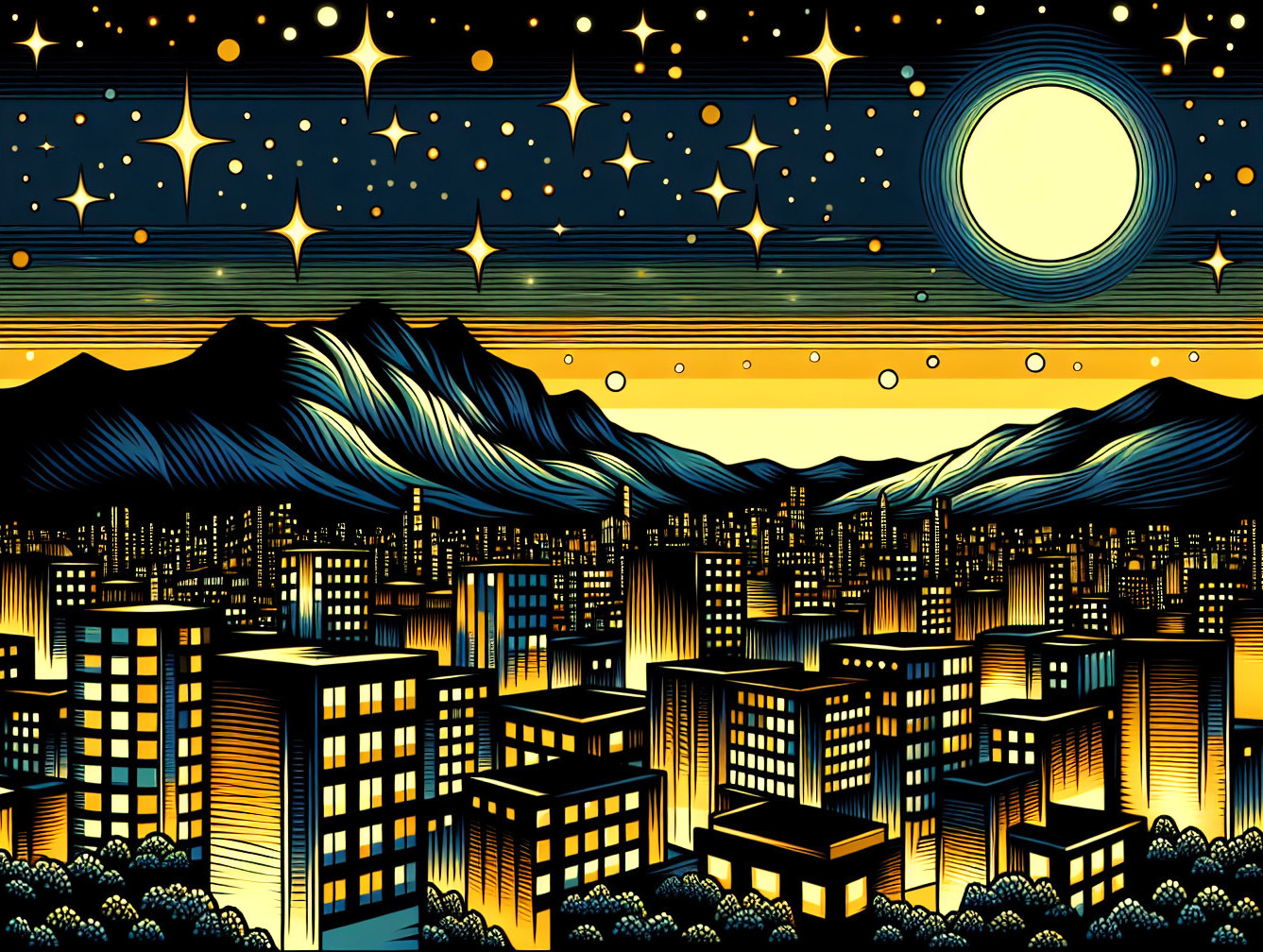 City Skyline at Night with Moonlit Mountains and Stars