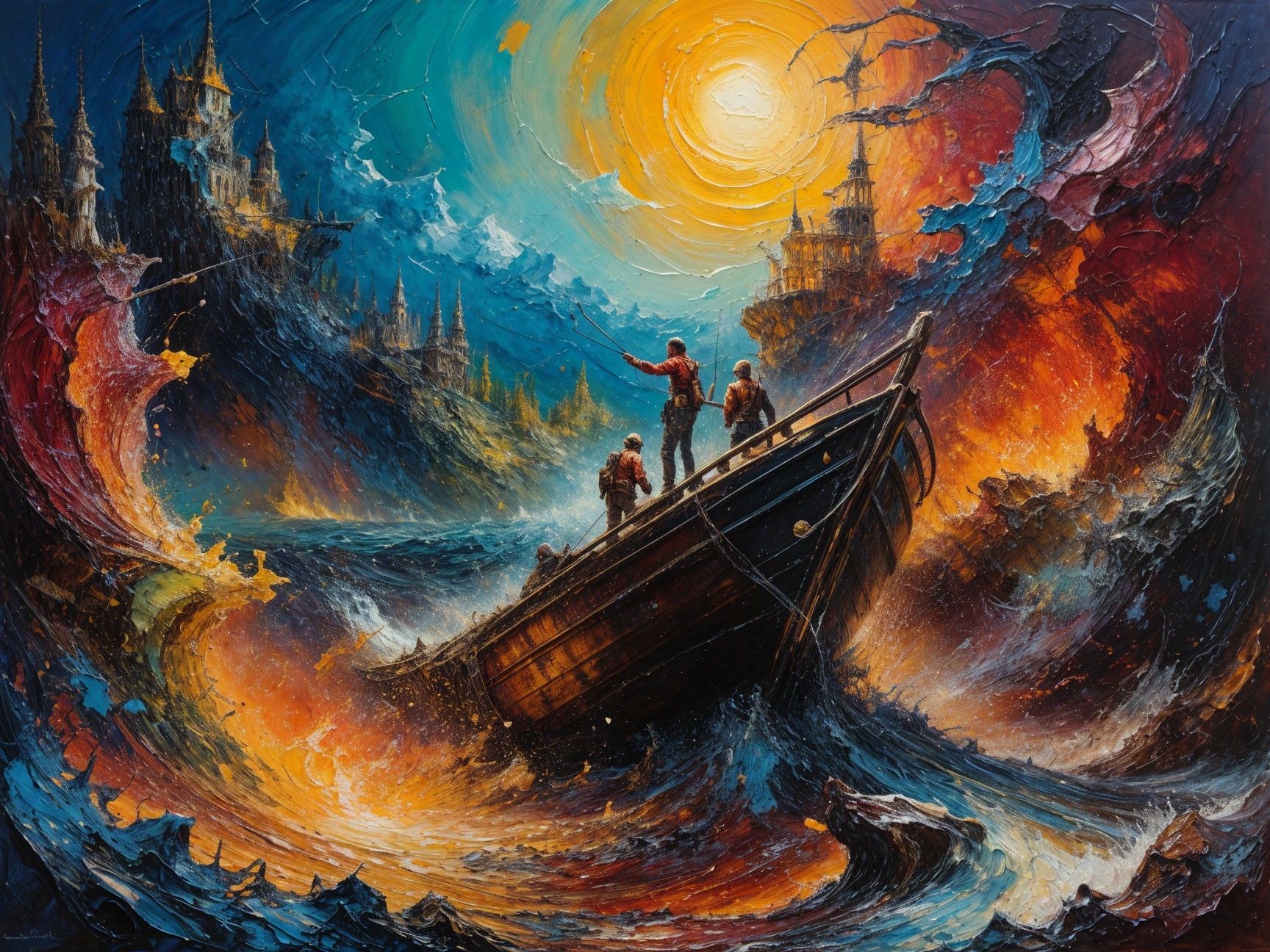 Seascape with Ship Facing Waves and Fiery Sky