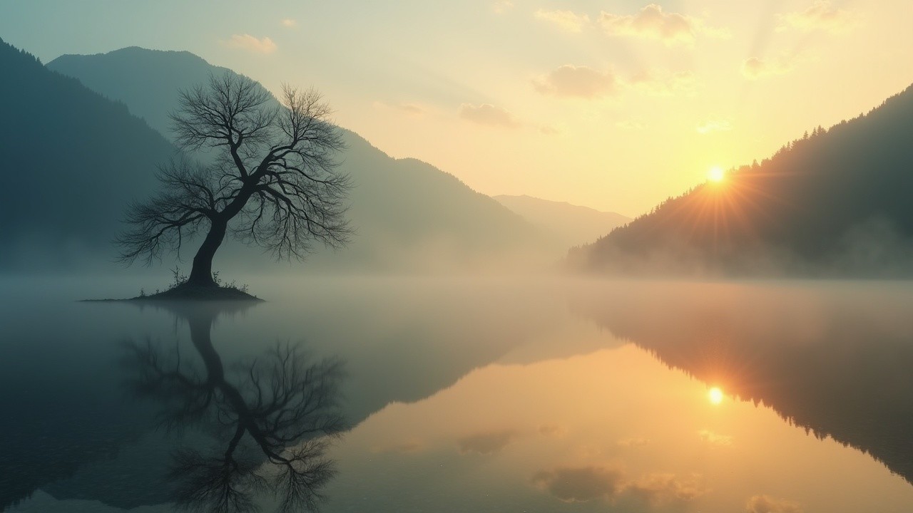 Leafless tree by calm lake with misty mountains