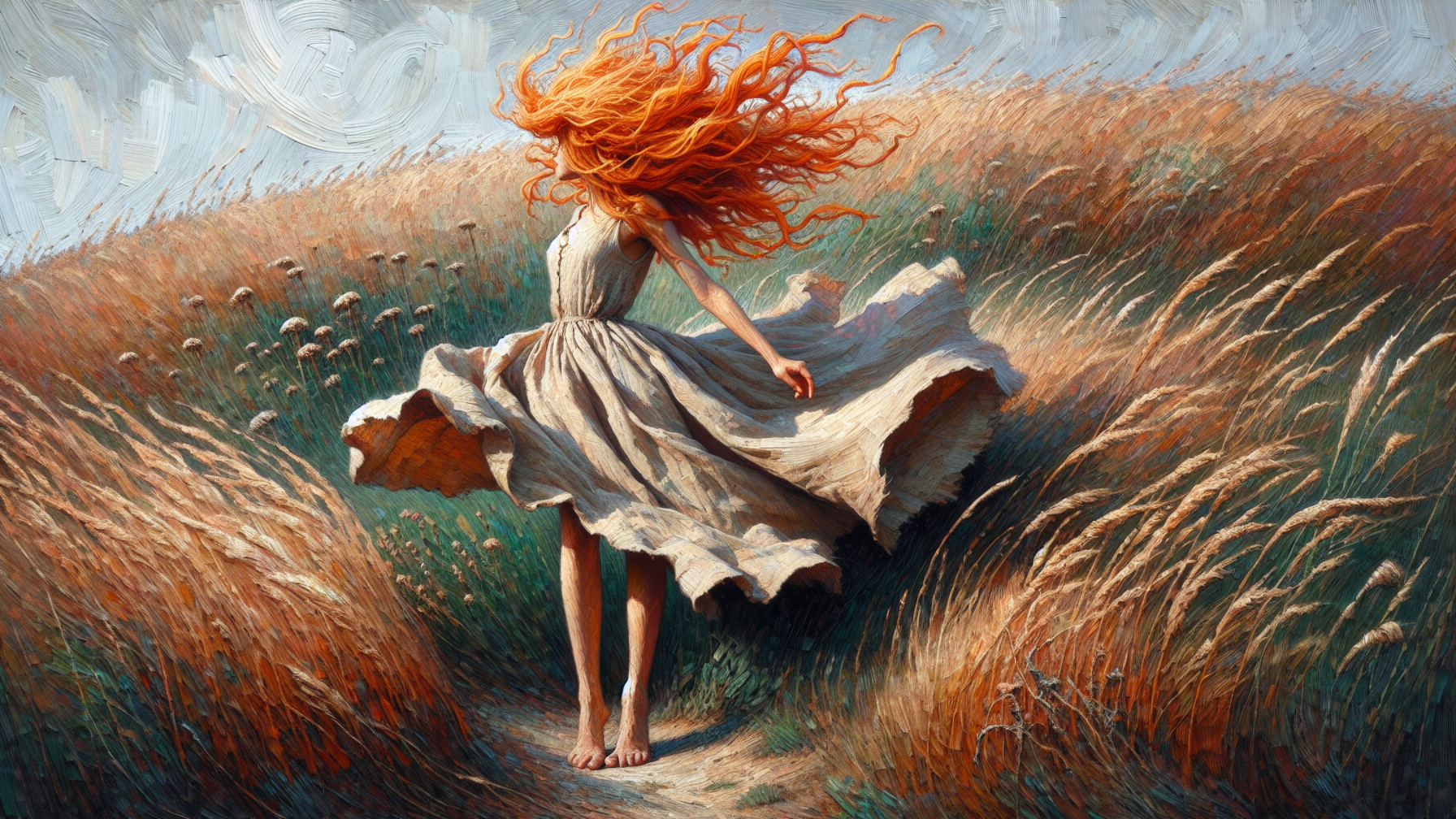 Young woman in sundress dancing in sunlit field