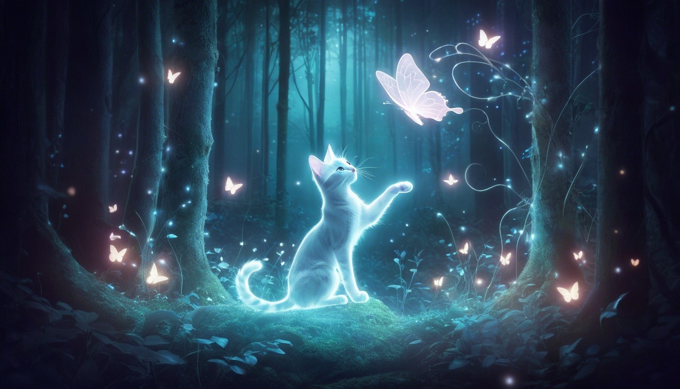 Mystical Forest with Glowing Cat and Butterflies