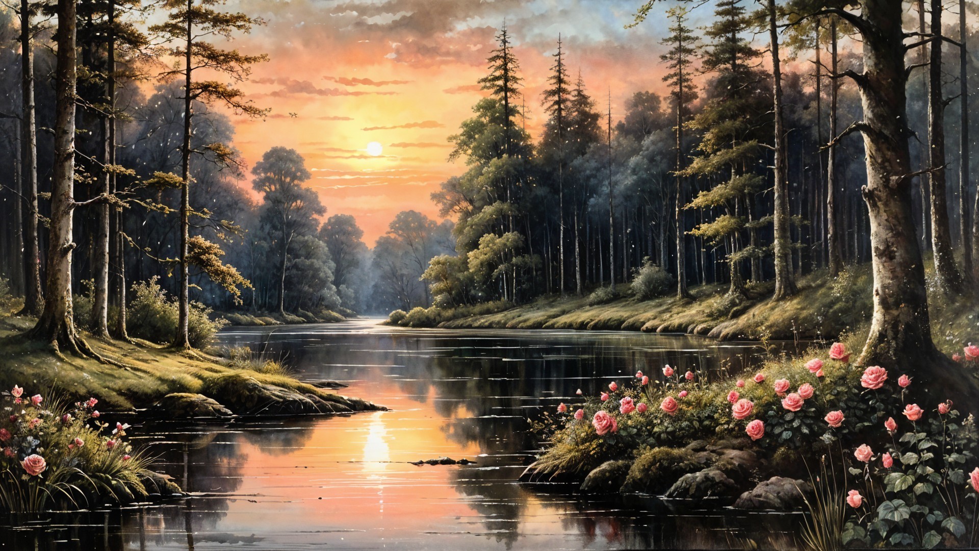 Serene Sunset Landscape with River and Lush Flora