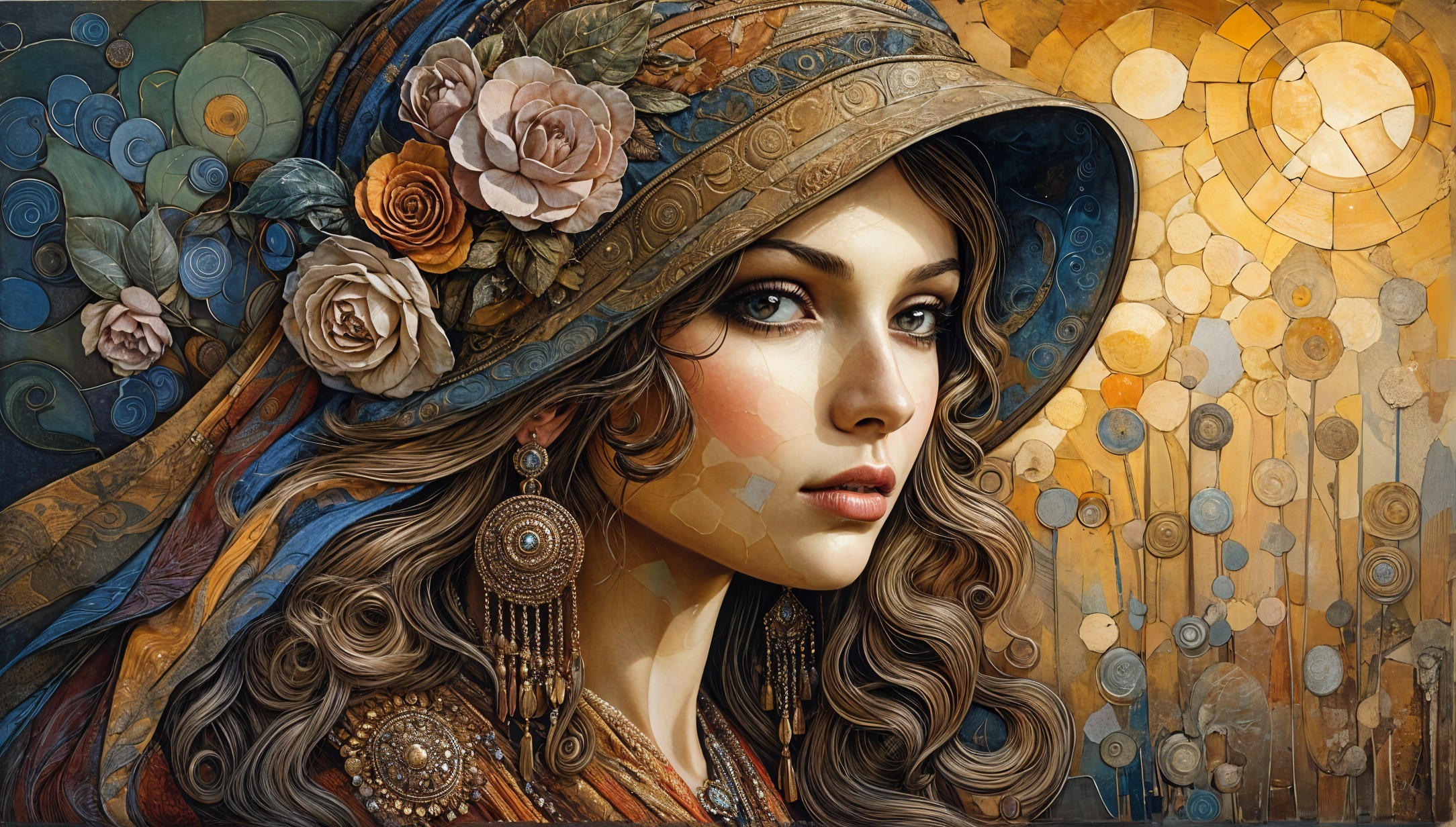 Close-up of a young woman with voluminous curls and hat