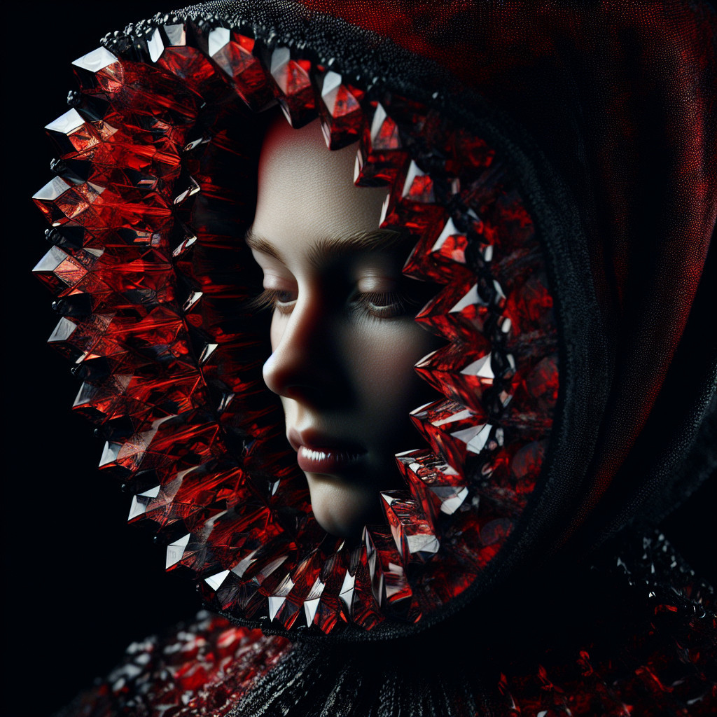 Close-up of a figure in a red crystal hood