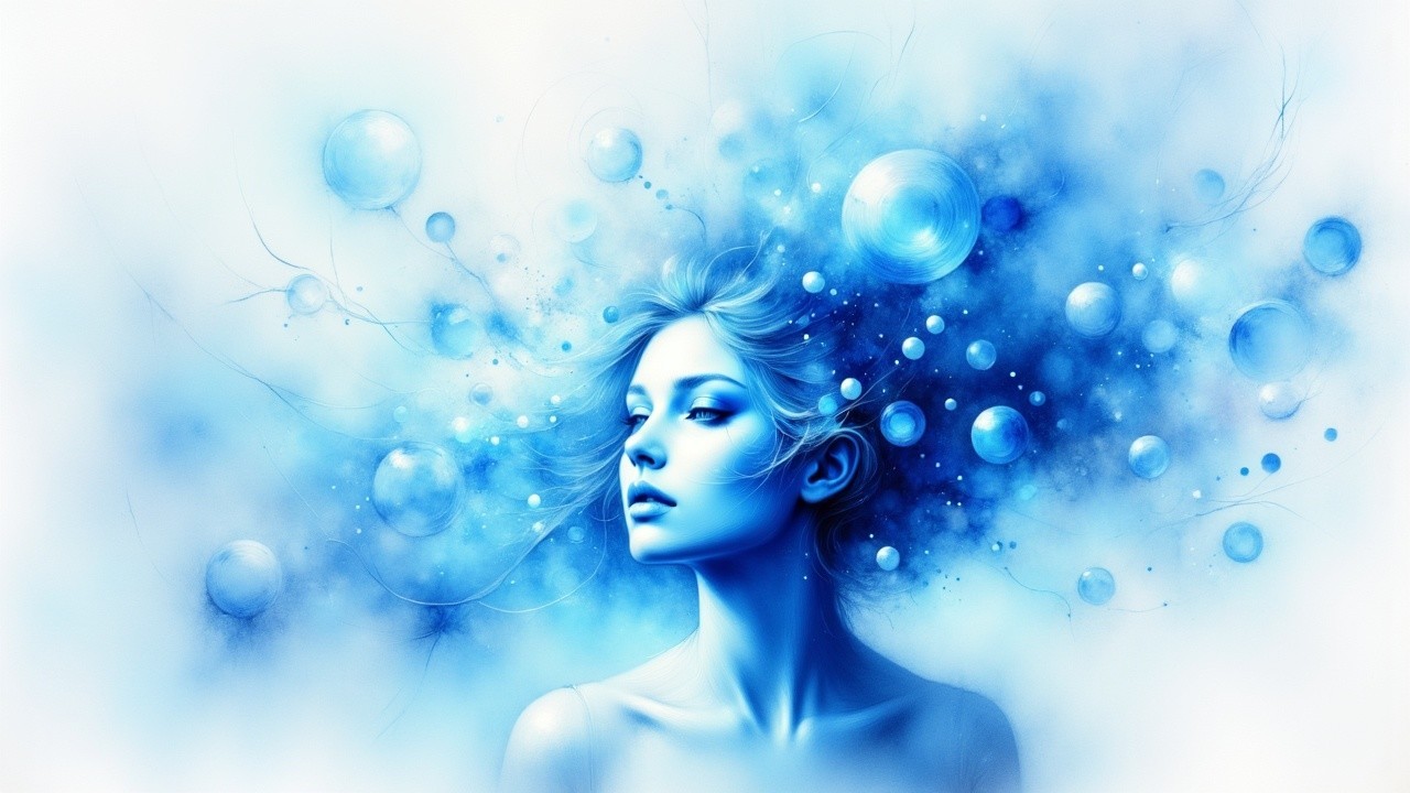 Ethereal Portrait of a Woman with Blue Bubbles