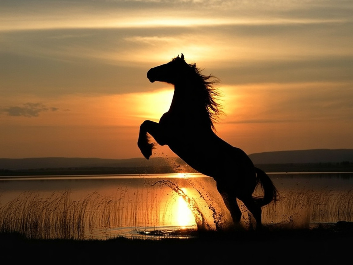 Silhouette of a horse at sunset by calm water